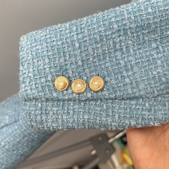 NEW ZARA LIGHT BLUE TWEED OVERSIZED DOUBLE BREASTED BLAZER GOLD BUTTONS SMALL - Picture 5 of 8